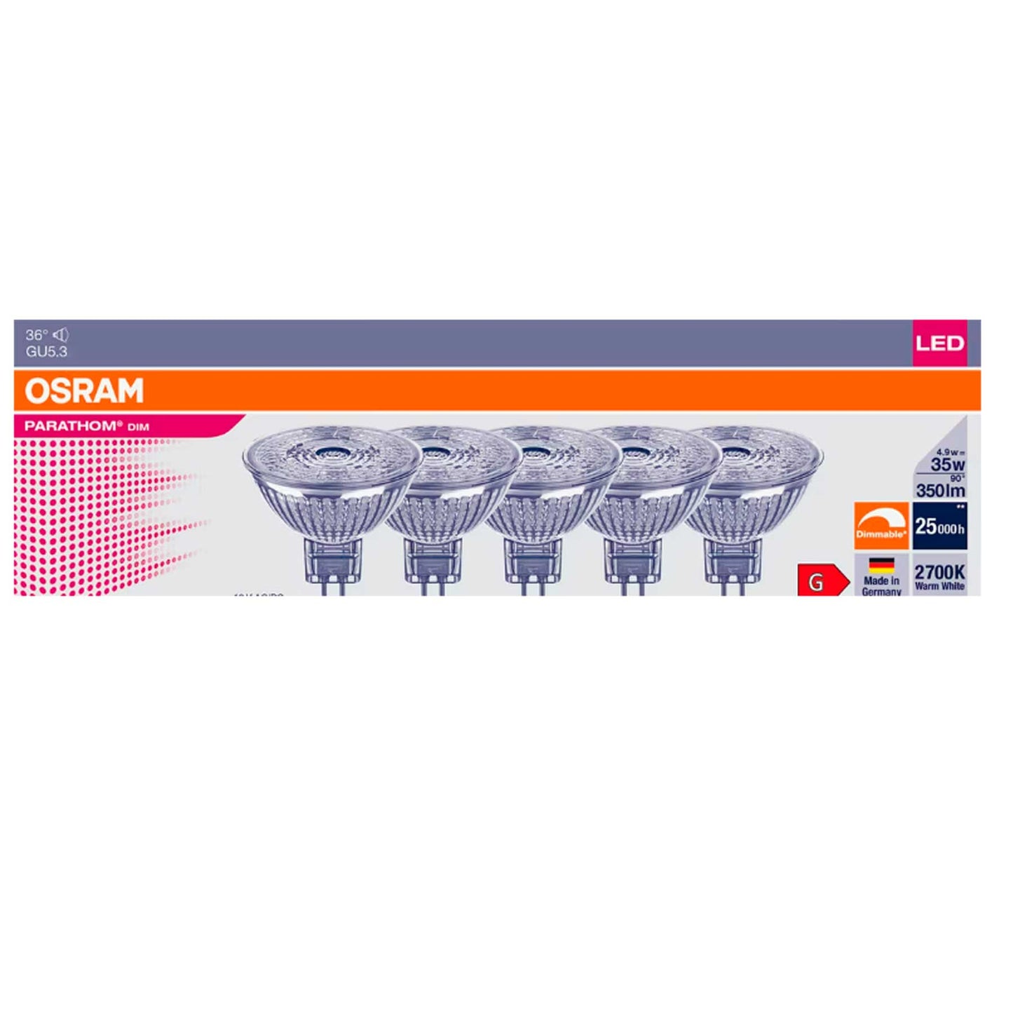 Osram MR16 4.9W 2700K dimbar 5pk