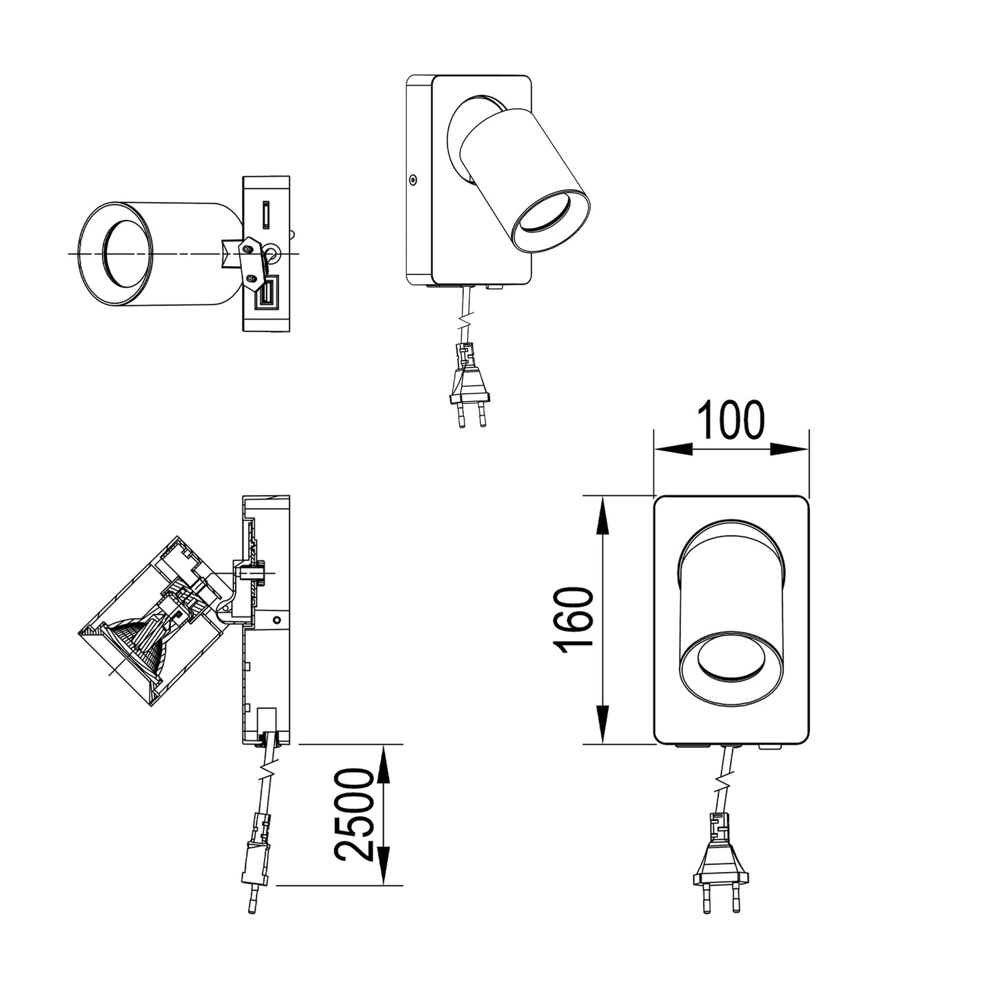Lux vegglampe m/USB messing