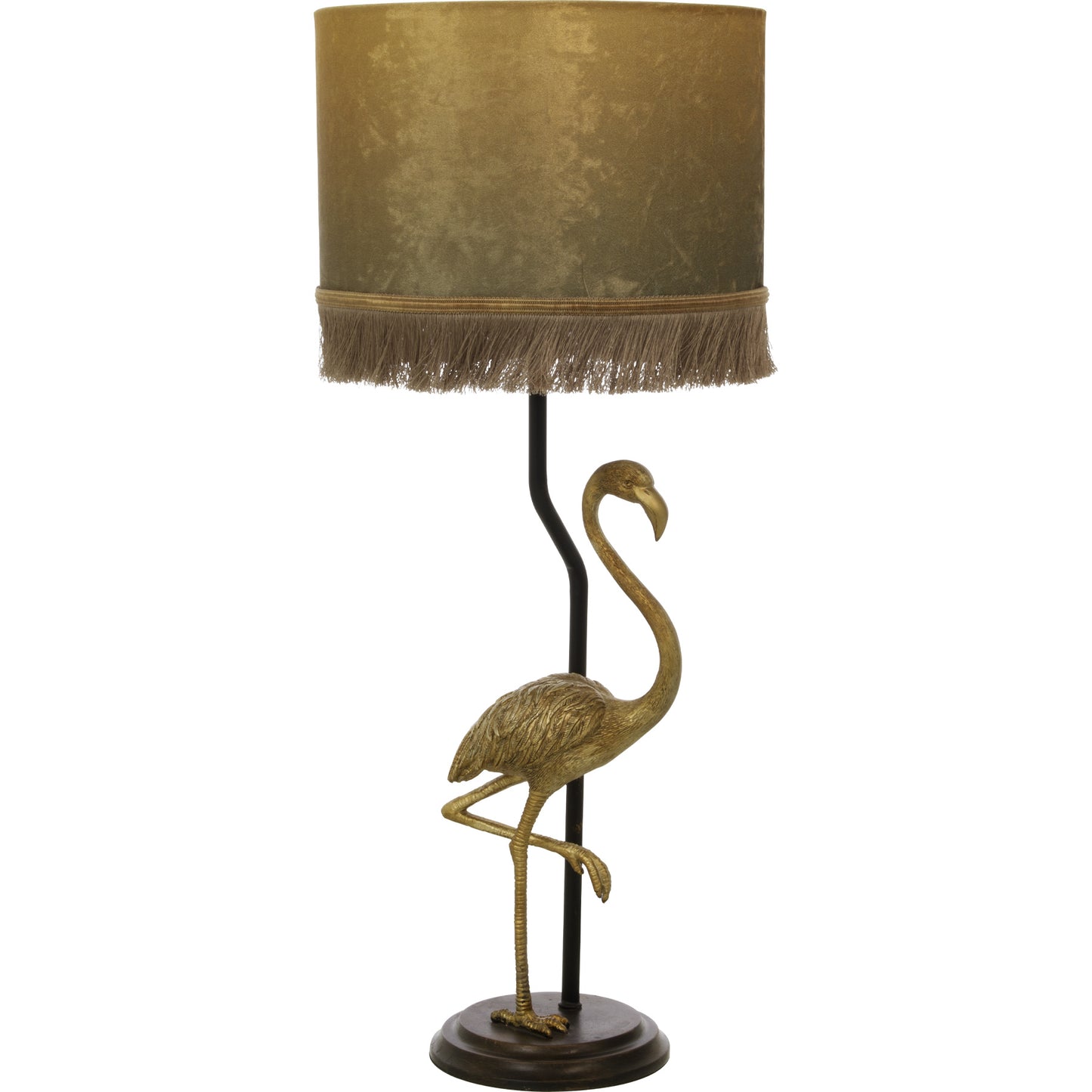 Flamingo bordlampe med lampefot formet som en flamingo i gull og antikk svart med lampeskjerm i velur med frynser - Aneta belysning