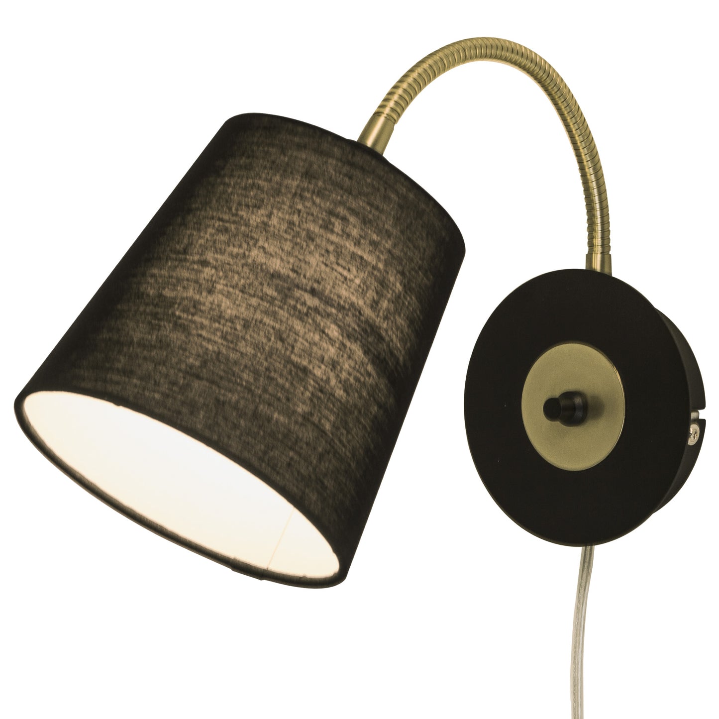 Ljusdal vegglampe laget i svart metall og messing med lampeskjerm i sort tekstil, bryter på lampen - Aneta belysning