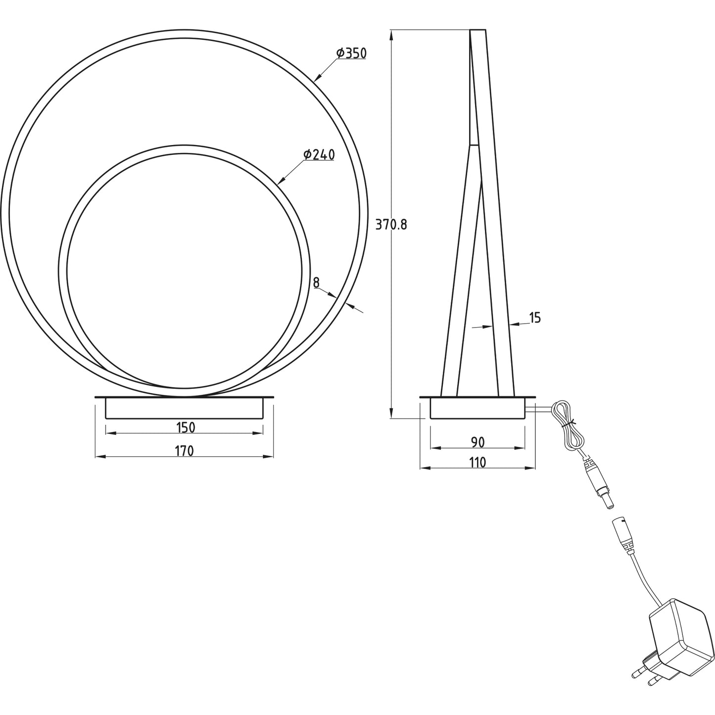 Målene til Loop bordlampe formet som to loops med integrert LED-lys laget i svart metall 3-stegs dimbar - Aneta belysning