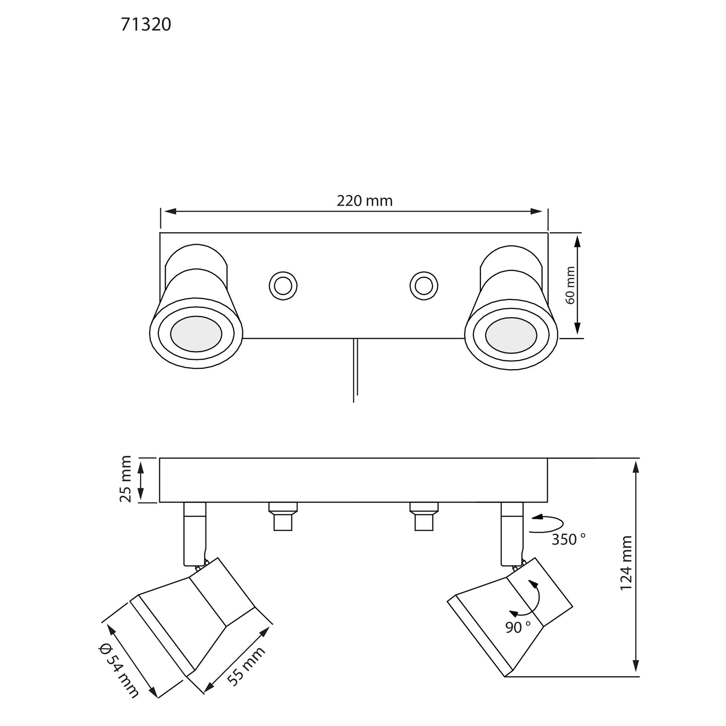 Pluto vegglampe 2-lys sort