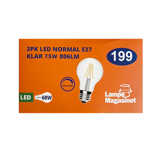 3pk LED E27 normal klar 7.5W dimbar