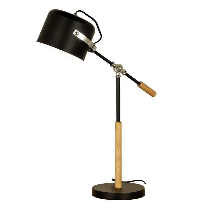 Cosi bordlampe laget i sort metall og treverk med justerbare ledd på lampefoten og lampehodet - Aneta belysning