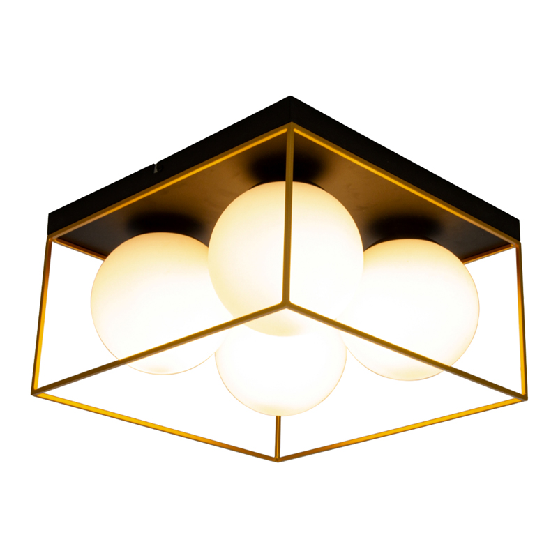 Astro taklampe firkantet plafond med fire glasskupler i opalglass i en ramme i messing - Aneta belysning