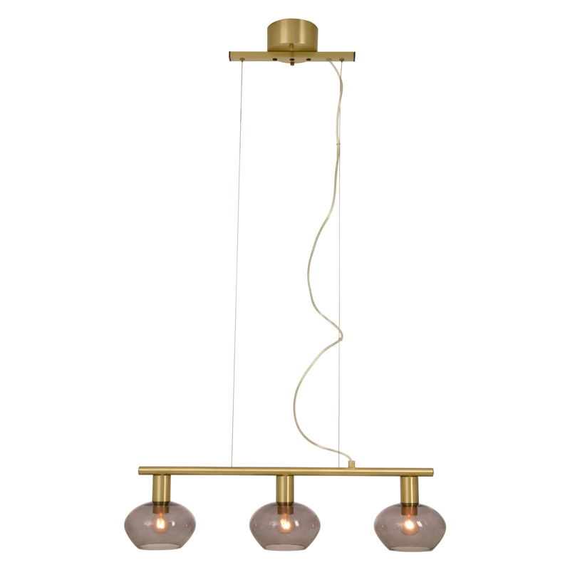 Bell taklampe pendel i messing med tre sotede glasskupler på rekke rett - Aneta belysning