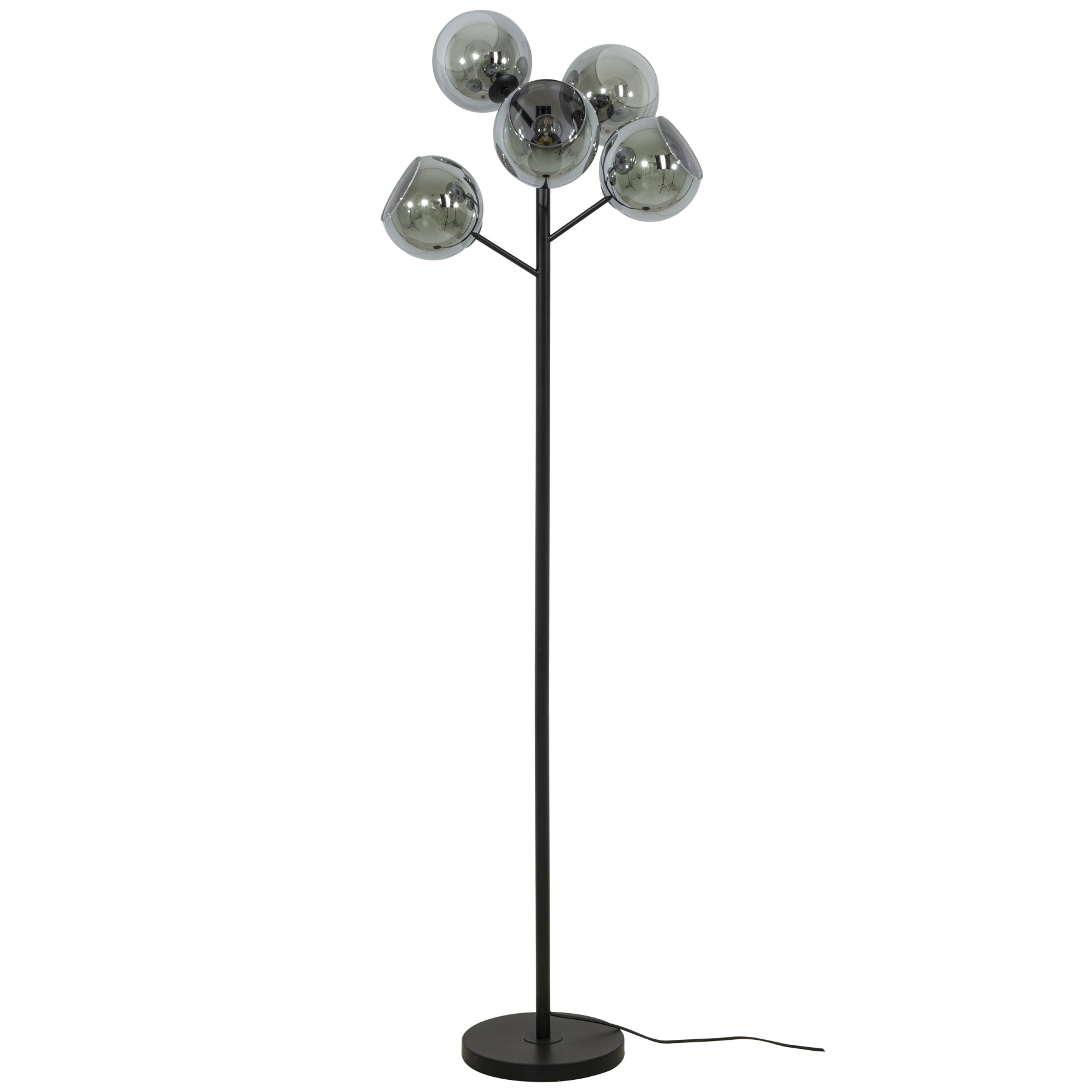 Atom gulvlampe med fem sotede glasskupler og lampefot i sort metall E14 og fotbryter - Aneta belysning
