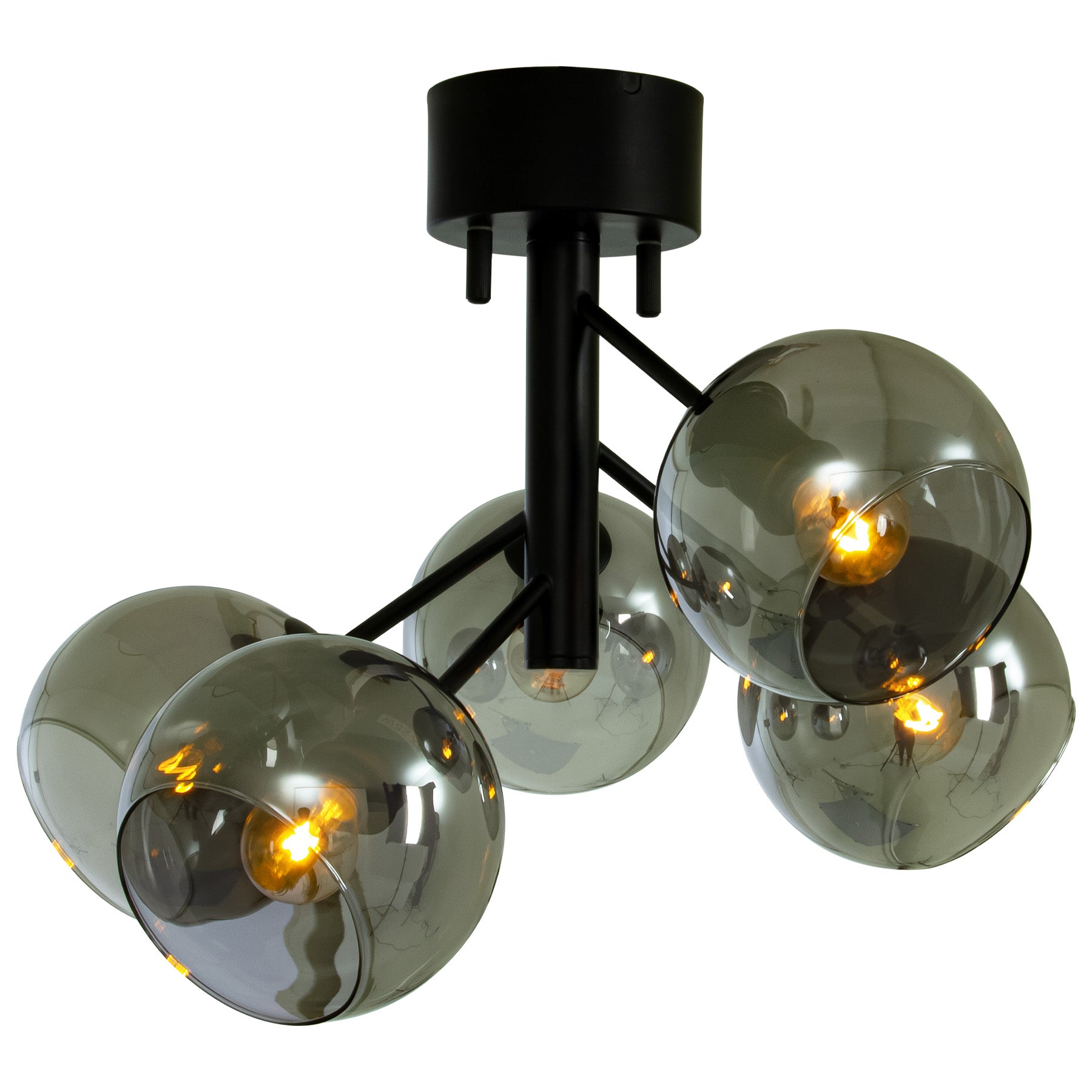 Atom taklampe plafond med fem sotede glasskupler og sort metall E14 - Aneta Belysning