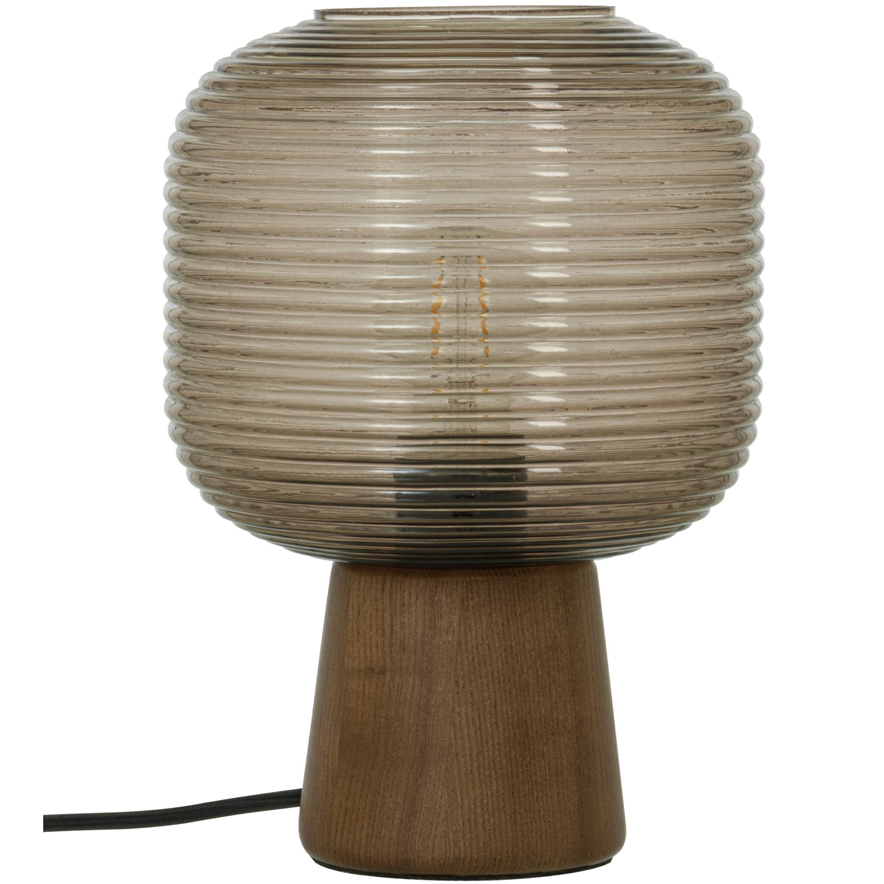 Aura bordlampe med brunbeiset lampefot i treverk og brun rillet glasskjerm rund- Aneta belysning