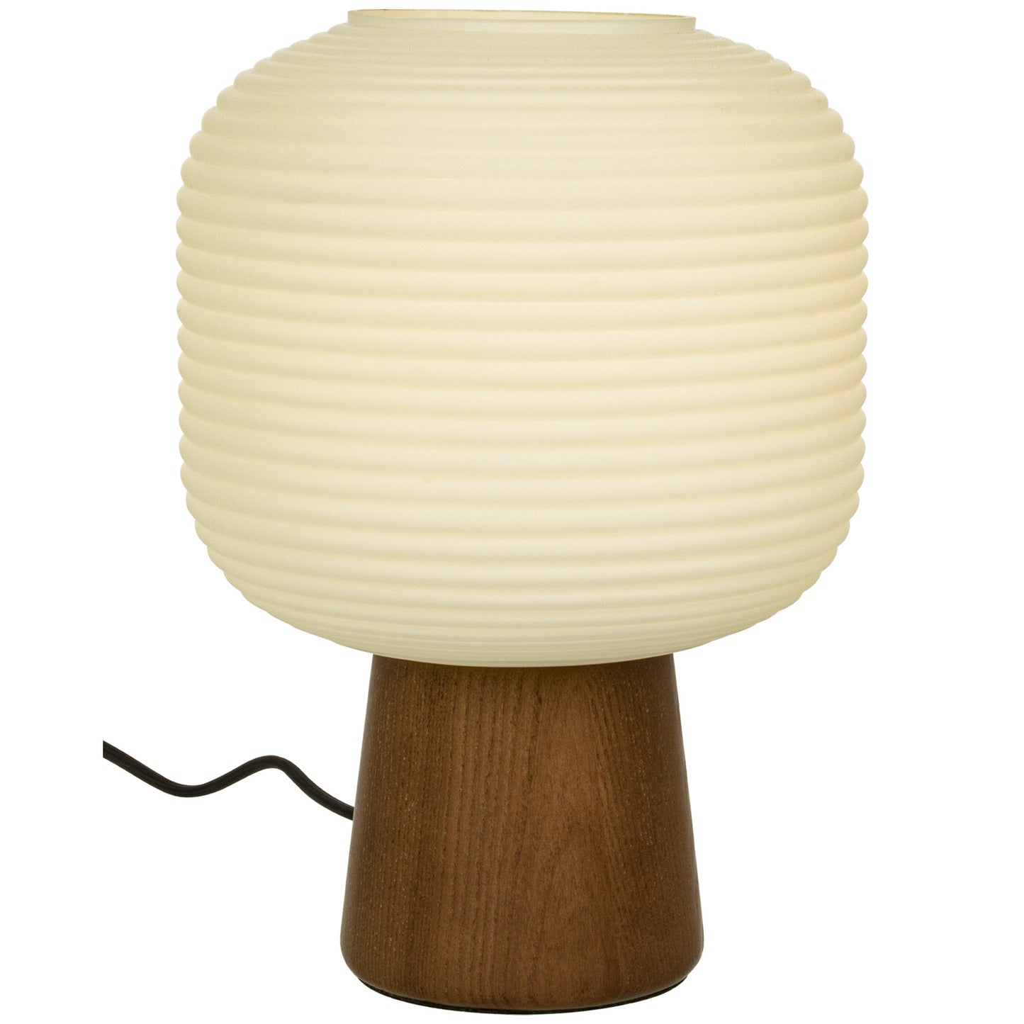 Aura bordlampe med brunbeiset lampefot i treverk og hvit rillet glasskjerm rund- Aneta belysning