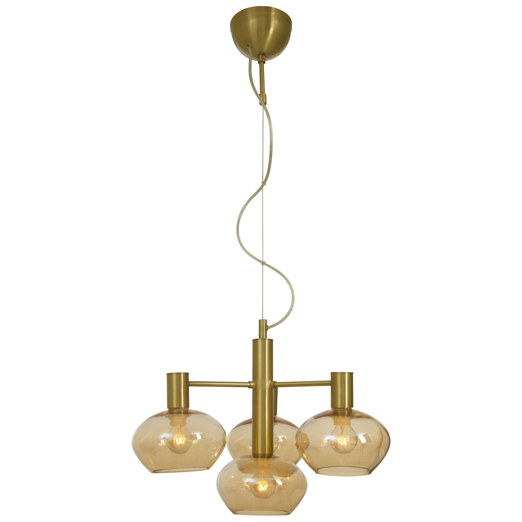 Bell taklampe pendel i messing med fire glasskupler i amber festet rundt midten - Aneta belysning
