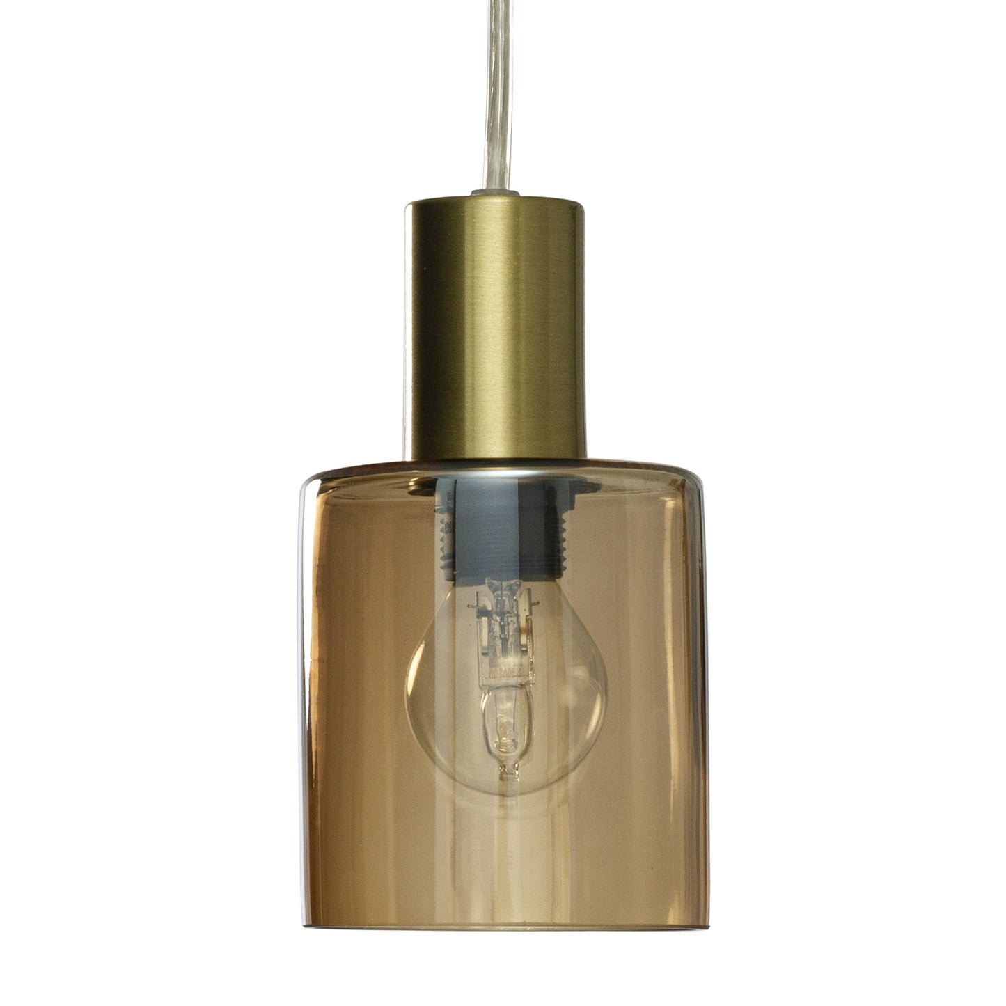 Cylinder vinduspendel laget i messing og amber glass med lang ledning, bryter og hullbrikke - Aneta belysning