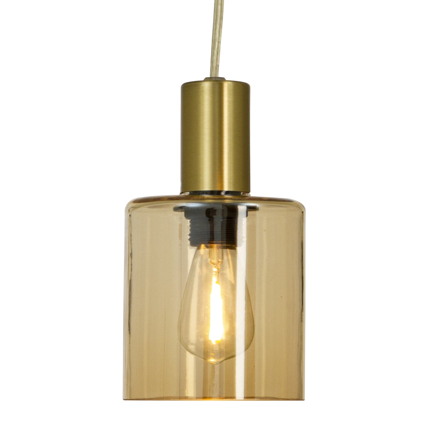 Lysende Cylinder vinduspendel laget i messing og amber glass med lang ledning, bryter og hullbrikke - Aneta belysning