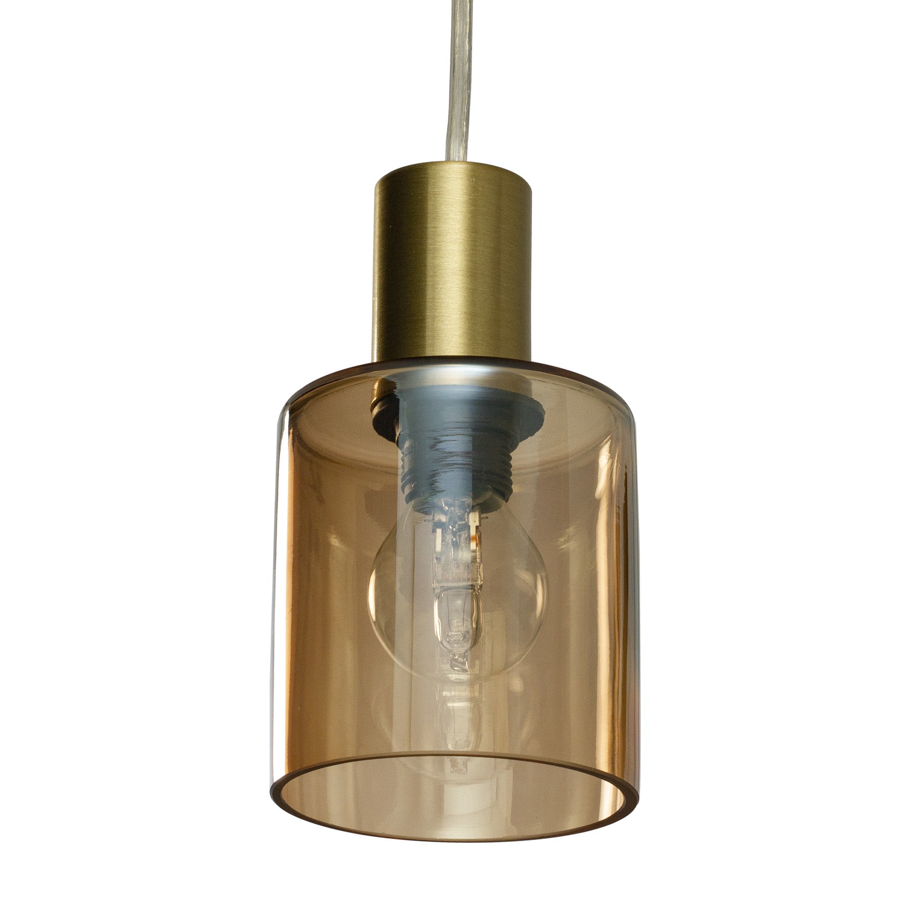 Cylinder vinduspendel laget i messing og amber glass med lang ledning, bryter og hullbrikke - Aneta belysning