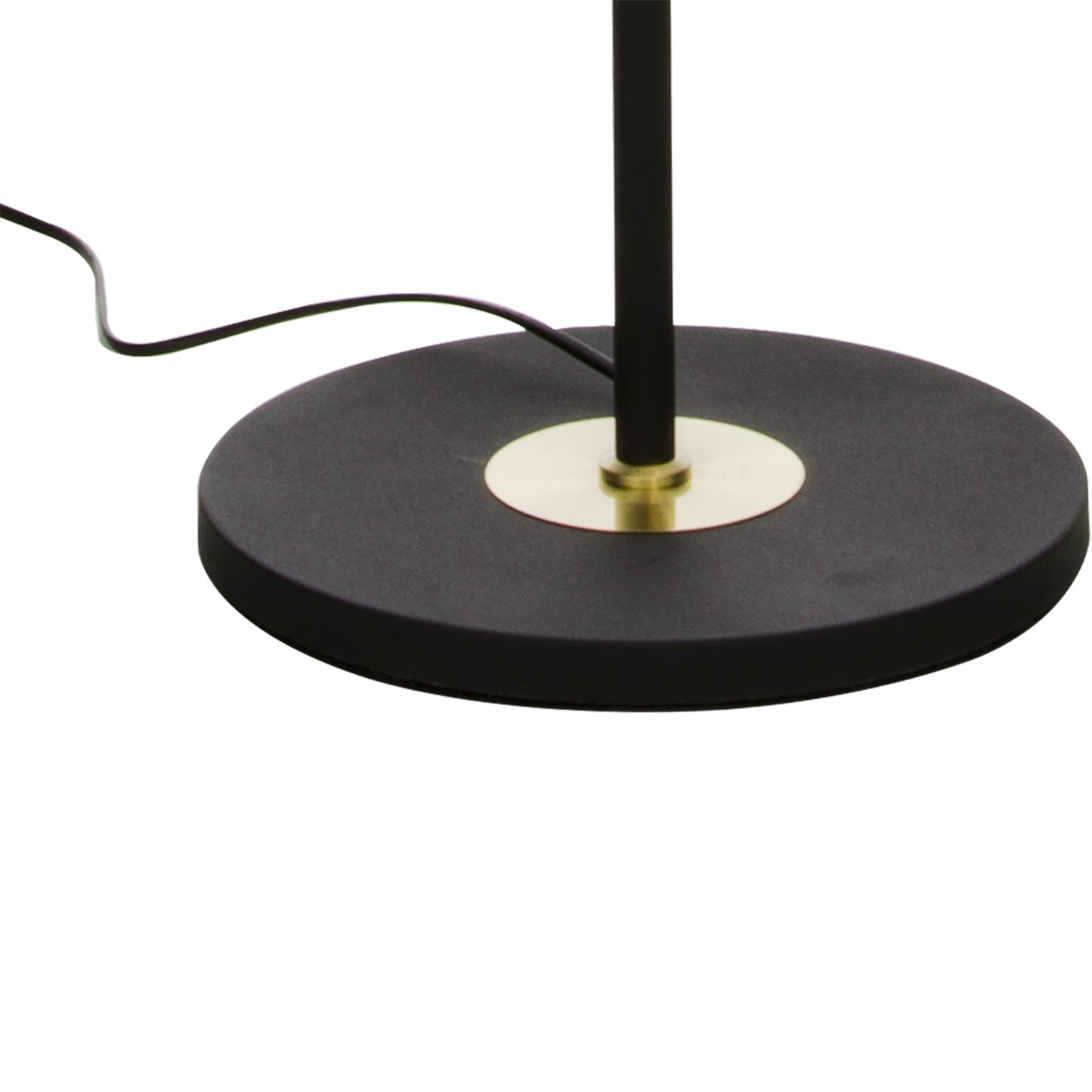 Lampefoten til Eketorp gulvlampe med ekstra justerbart leselys laget i svart metall med messing og lampeskjerm i sort tekstil 145cm høy - Aneta belysning