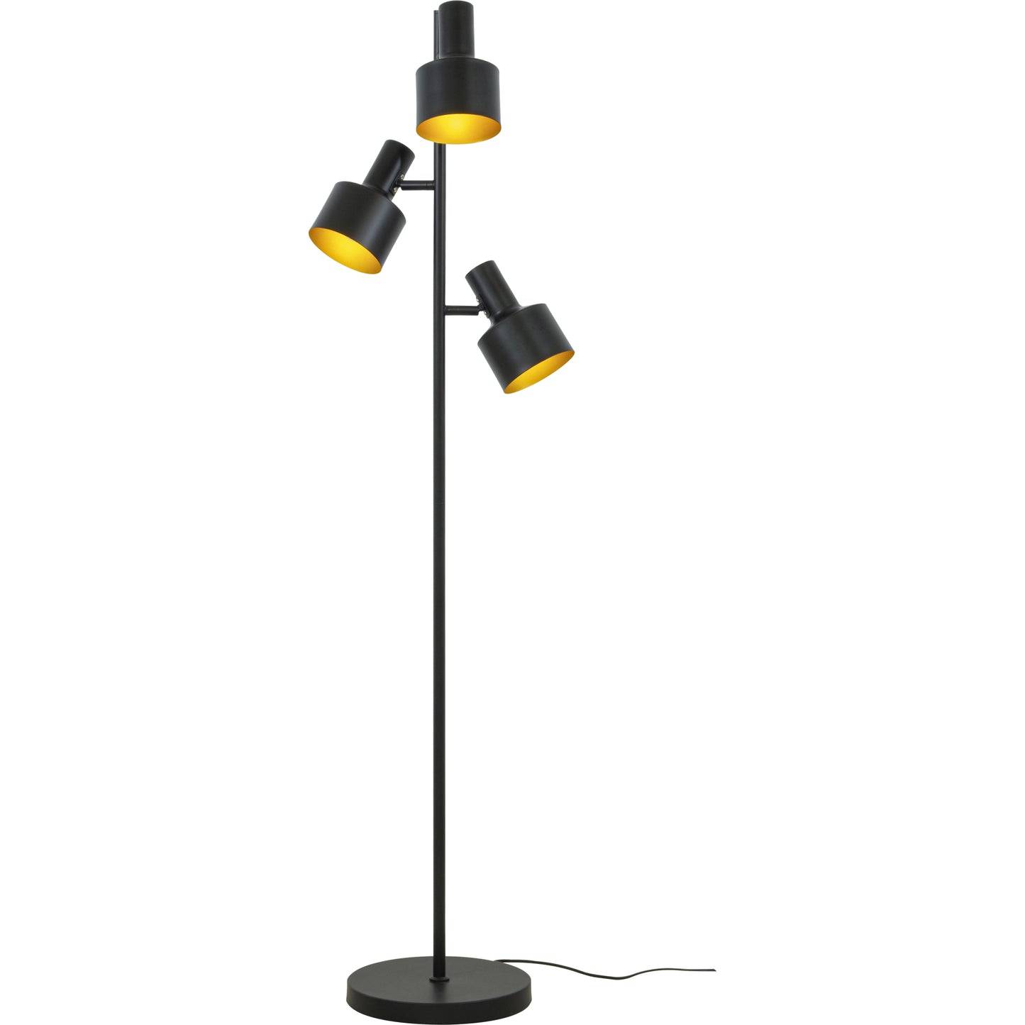 Ferdinand retroinspirert gulvlampe med tre lampehoder langs foten laget i svart metall med gyllen innside av skjermene - Aneta belysning