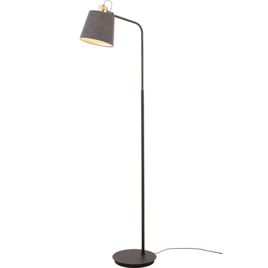 Geilo gulvlampe laget i sort metall med detalje i treverk og lampeskjerm i grå ull - Aneta belysning