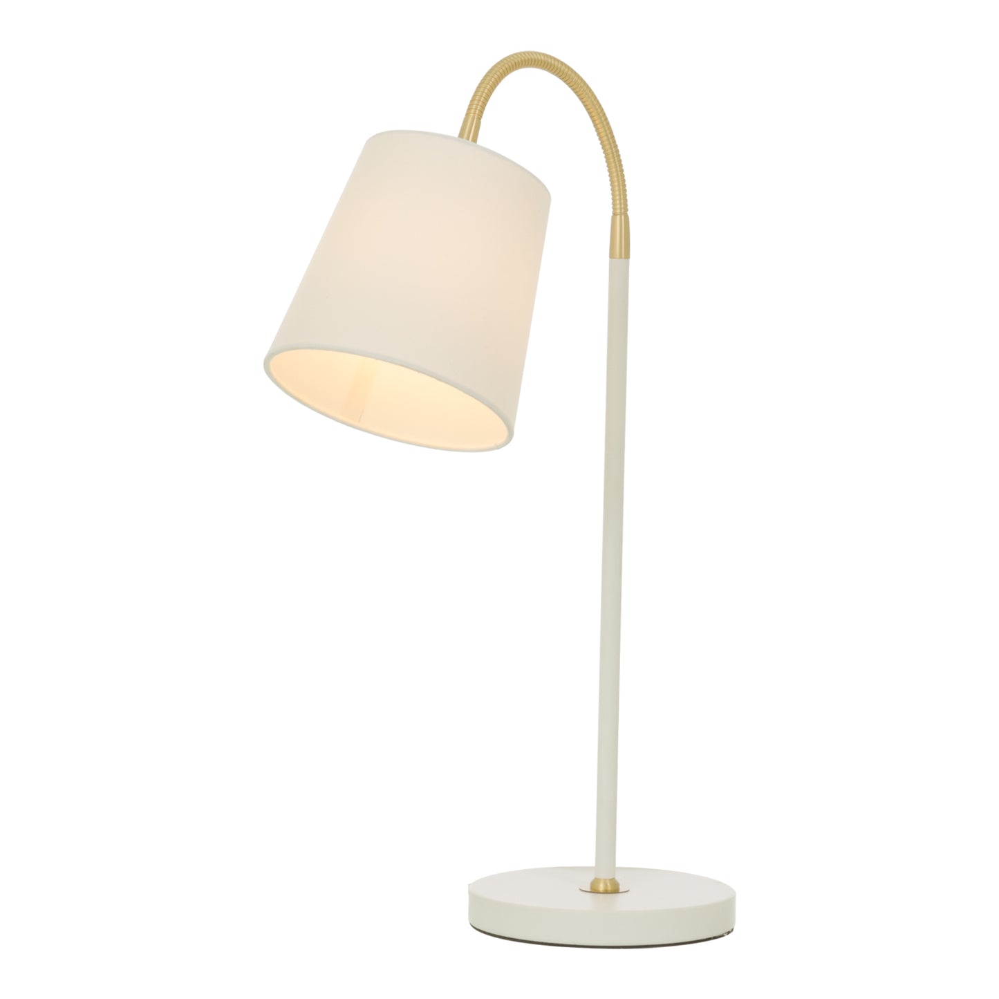Ljusdal bordlampe laget i hvit metall med ledd i messing og hvit lampeskjerm - Aneta belysning