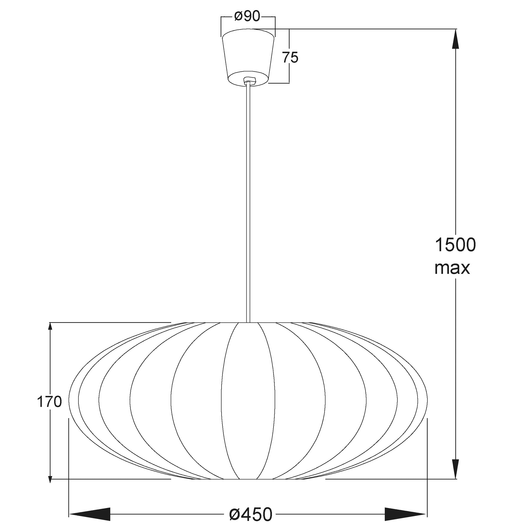 Målene til Mamsell taklampe pendel rund med diameter 45cm trukket i hvit tekstil rundt en ramme i hvit metall - Aneta belysning