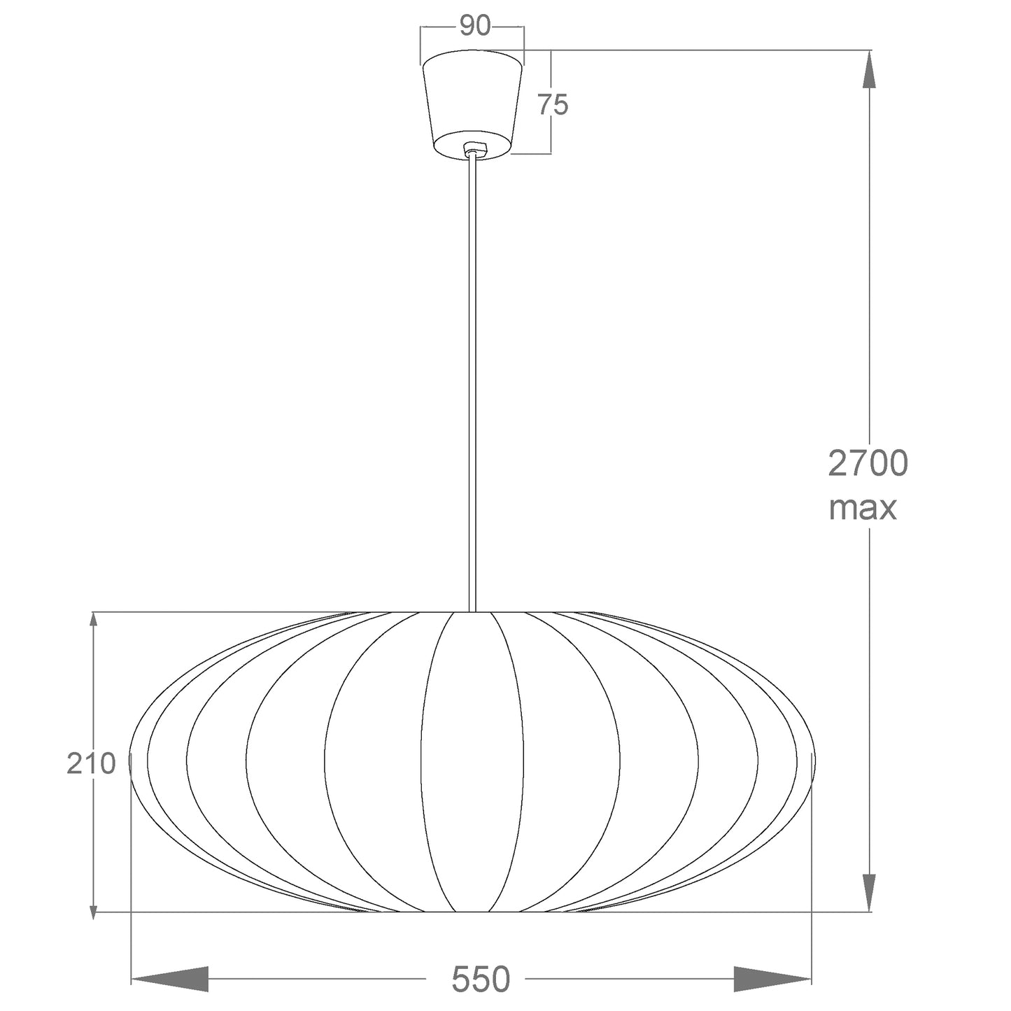 Målene til Mamsell taklampe pendel rund med diameter 55cm trukket i hvit tekstil rundt en ramme i hvit metall - Aneta belysning