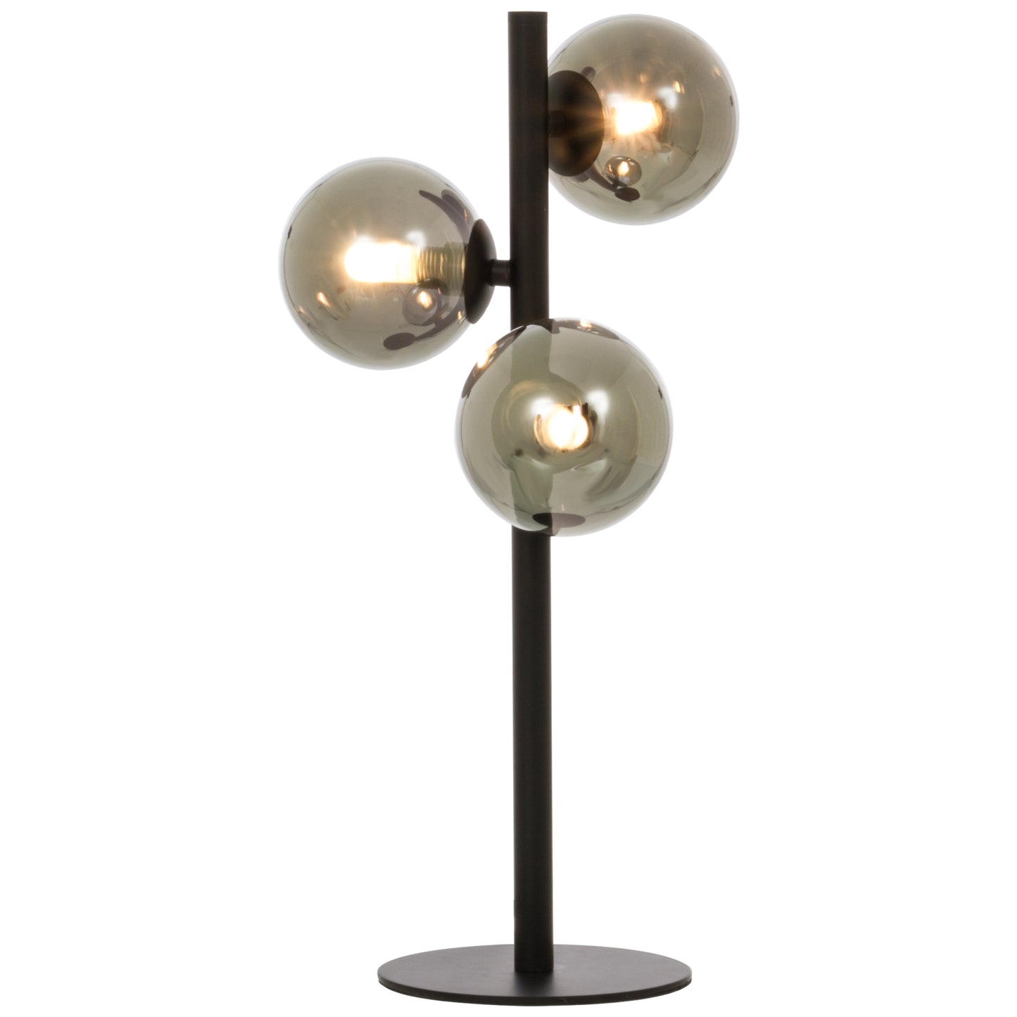 Molekyl bordlampe laget i svart metall og tre sotede glasskupler festet langs lampefoten - Aneta belysning