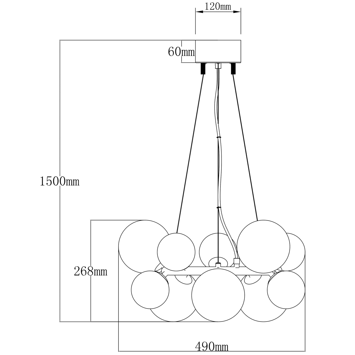 Målene til Molekyl taklampe pendel med 10 sotede glasskupler festet på en rund ramme i sort metall - Aneta belysning