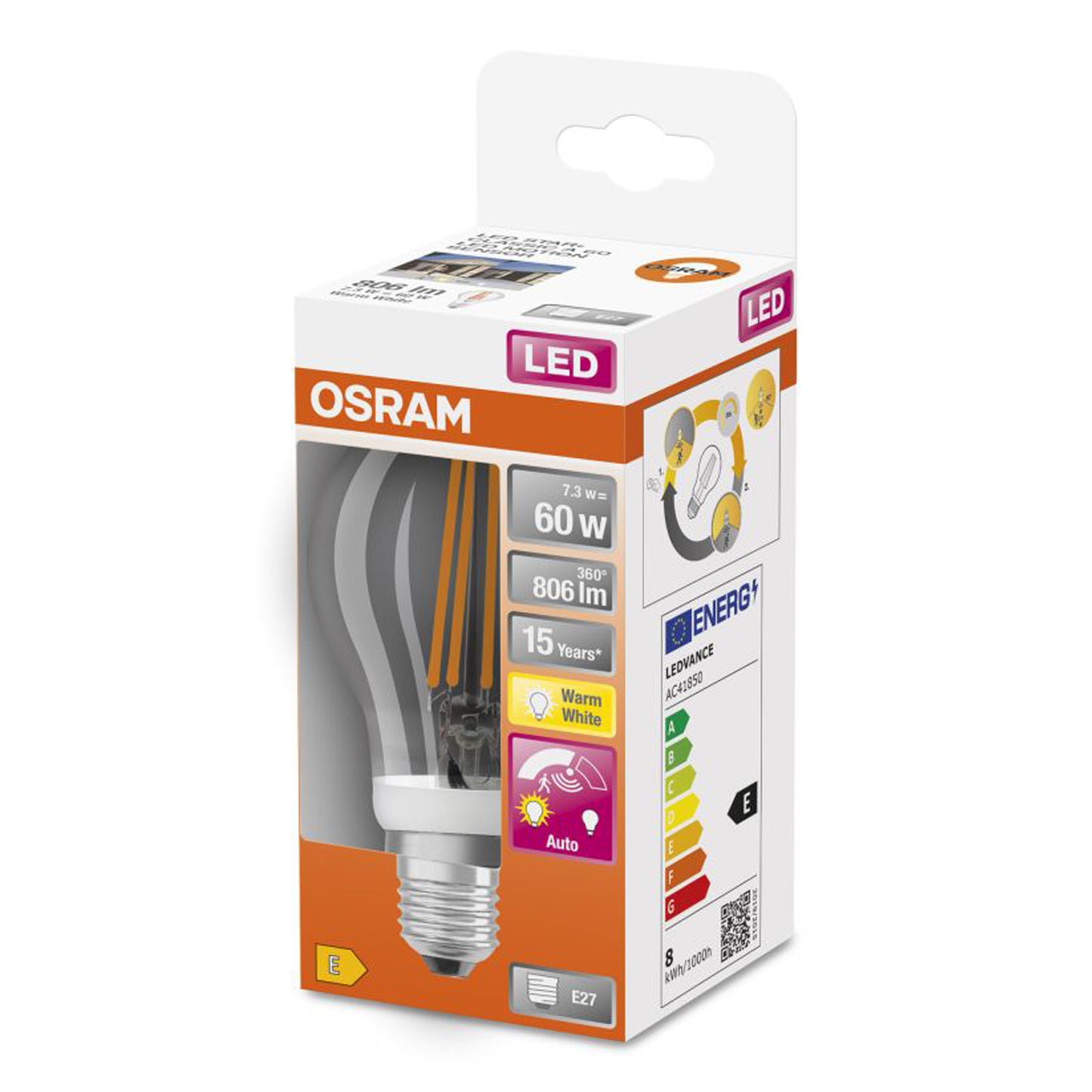 Osram LED E27 normal klar 7.3W m/bev.sensor